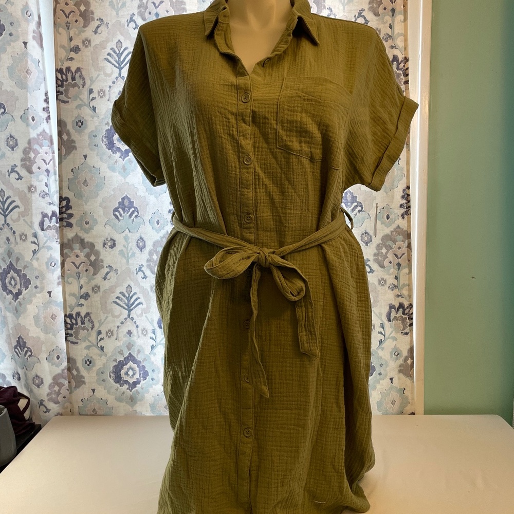Womens Button-Front Shirt Dress with Tie Waist - Olive